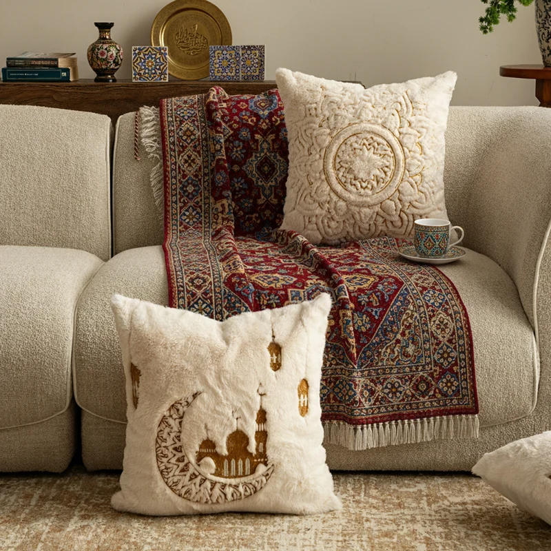 Luxuriöser Zierkissenbezug aus Kunstfell mit reliefiertem Mandala-Motiv Karnz