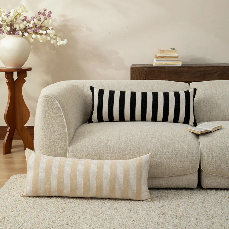 Langes gestreiftes Leinen-Baumwoll-Lumbar-Kissen für Sofa und Bett Karnz