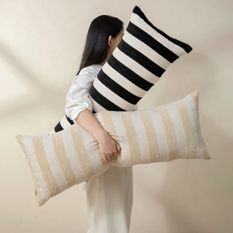 Langes gestreiftes Leinen-Baumwoll-Lumbar-Kissen für Sofa und Bett Karnz