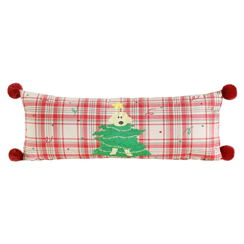 Langes dekoratives Lenden- und Nackenkissen im Weihnachts-Karo mit Pompon und Hund‑Baum‑Motiv Karnz