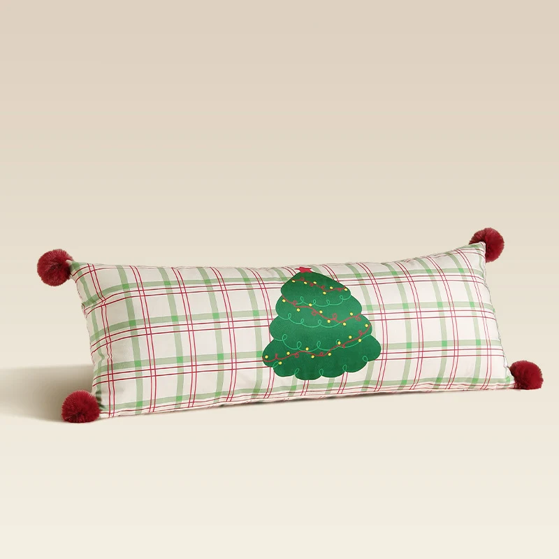 Langes dekoratives Lenden- und Nackenkissen im Weihnachts-Karo mit Pompon und Hund‑Baum‑Motiv Karnz
