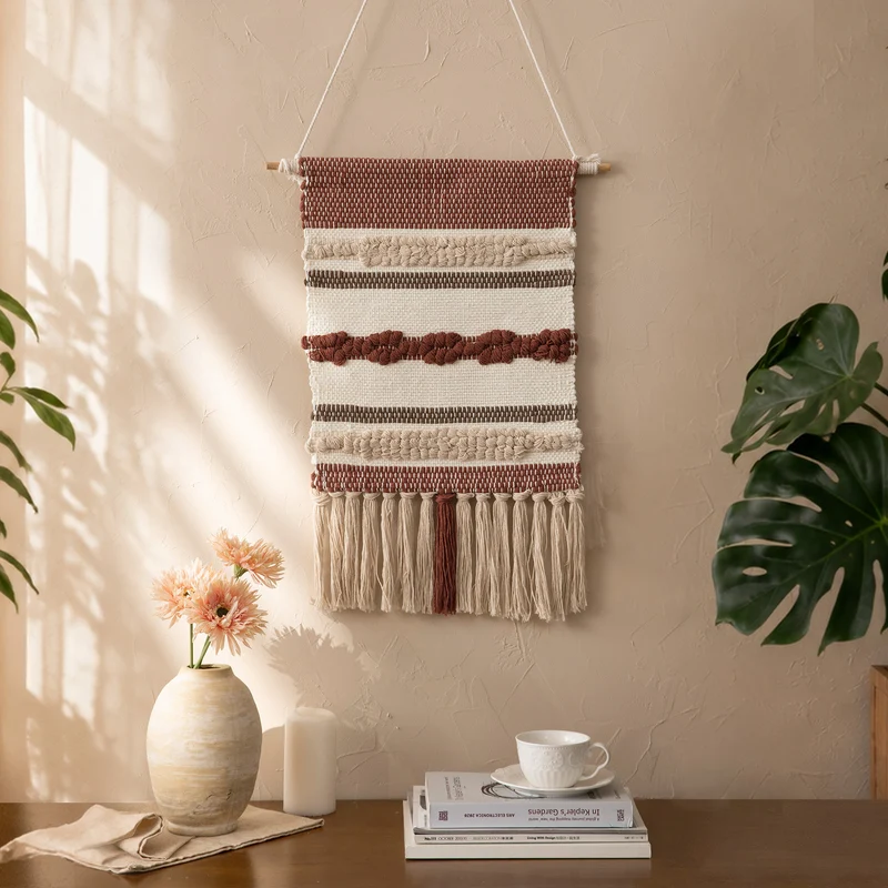 Boho-Wandbehang Makramee mit handgeknüpften Fransen und gewebten Zopfmustern Karnz