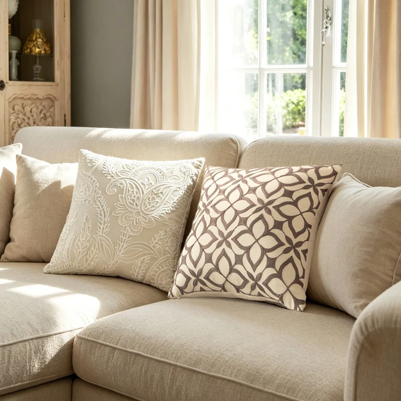 Besticktes Zierkissen aus Leinenoptik mit Paisley‑Ornament und Reliefstickerei Karnz