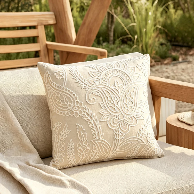Besticktes Zierkissen aus Leinenoptik mit Paisley‑Ornament und Reliefstickerei Karnz