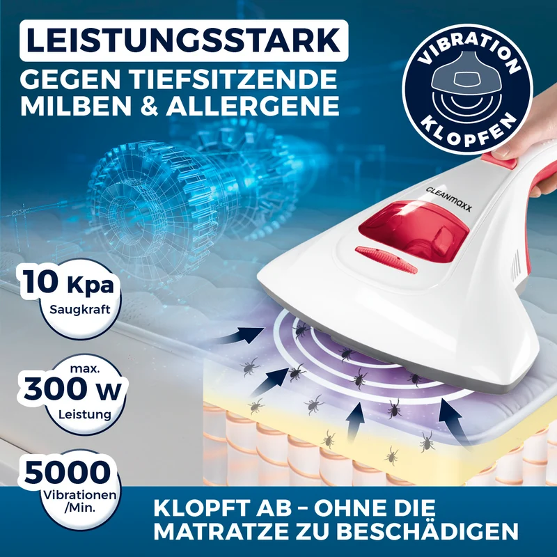 CLEANmaxx Milbensauger Vibration - entfernt 99,9 % Milben - 2 Ersatz-EPA-Filter - Weiß/Rot