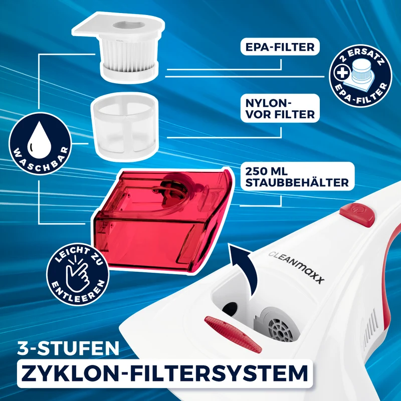 CLEANmaxx Milbensauger Vibration - entfernt 99,9 % Milben - 2 Ersatz-EPA-Filter - Weiß/Rot