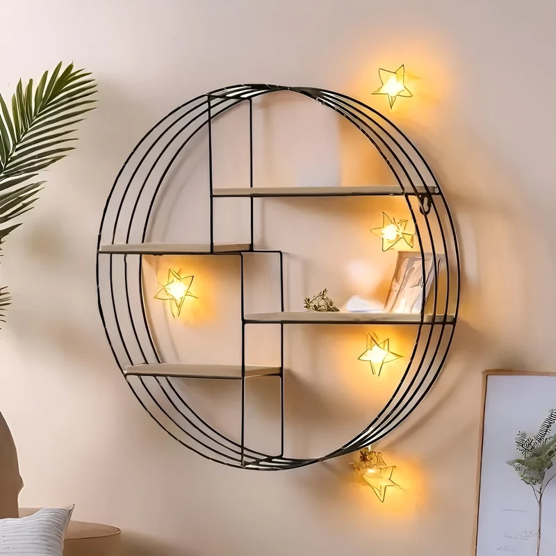 Rundes Wandregal mit 4 Ebenen – Retro-Design aus Holz und Metall | Dekoratives Hängeregal für Wohnzimmer, Badezimmer und Schlafzimmer