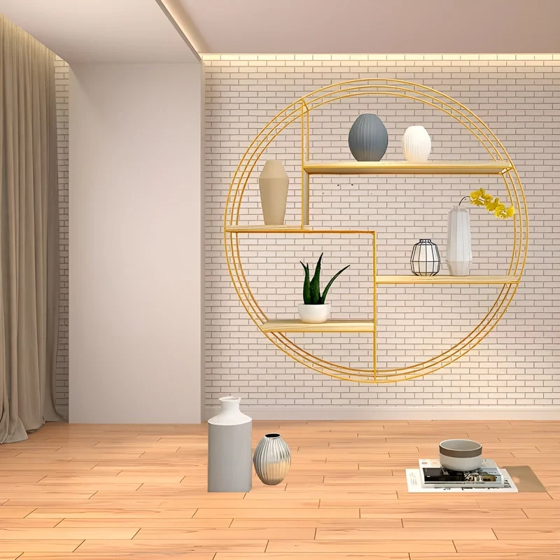 Rundes Wandregal mit 4 Ebenen – Retro-Design aus Holz und Metall | Dekoratives Hängeregal für Wohnzimmer, Badezimmer und Schlafzimmer
