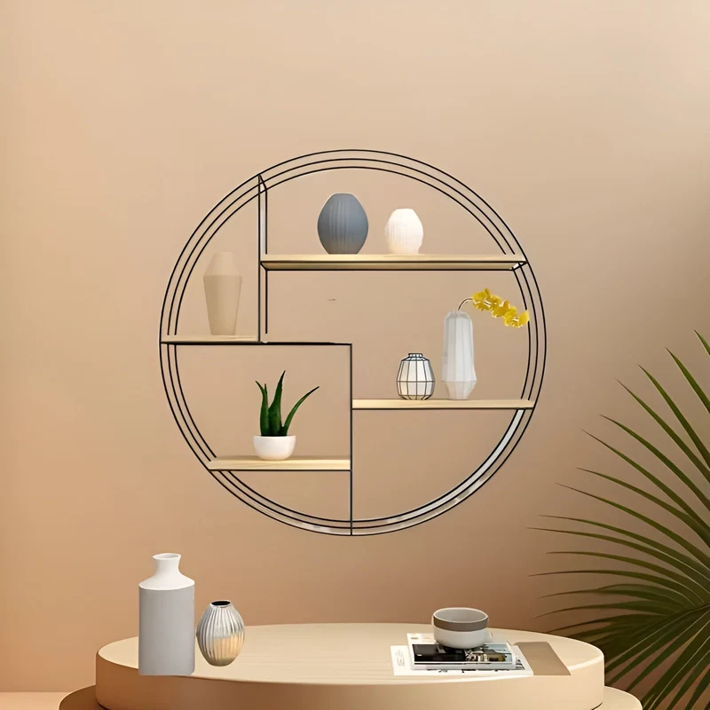 Rundes Wandregal mit 4 Ebenen – Retro-Design aus Holz und Metall | Dekoratives Hängeregal für Wohnzimmer, Badezimmer und Schlafzimmer