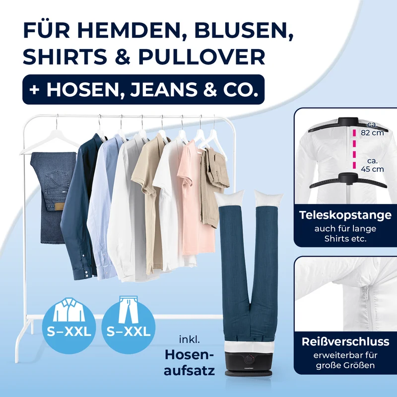 CLEANmaxx Hemdenbügler PRO mit Hosenaufsatz - trocknet & bügelt vollautomatisch - Schwarz