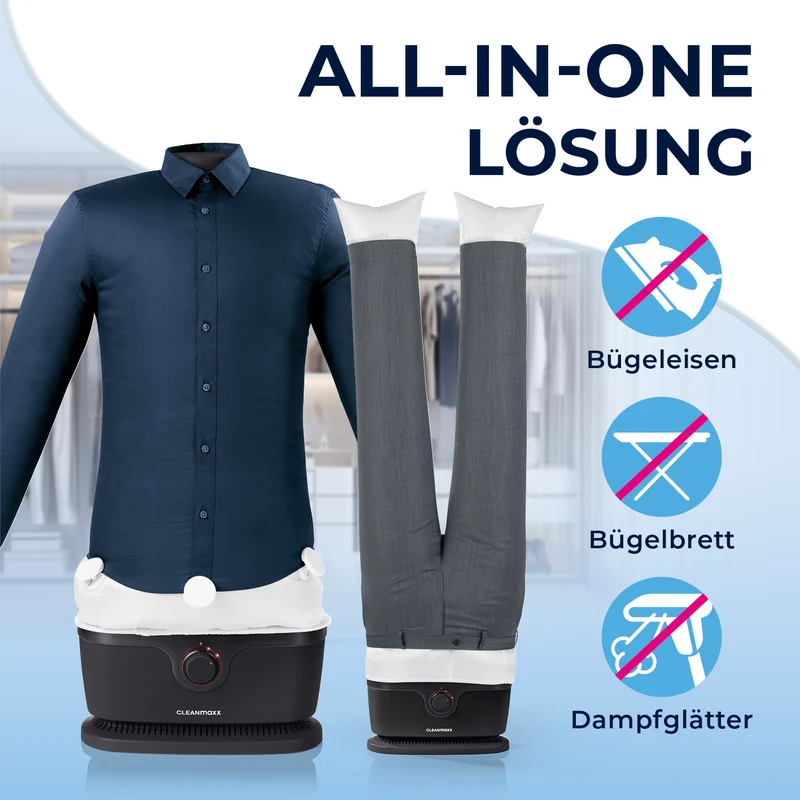 CLEANmaxx Hemdenbügler PRO mit Hosenaufsatz - trocknet & bügelt vollautomatisch - Schwarz