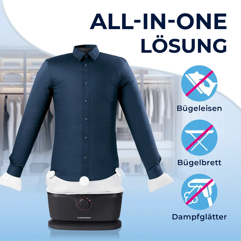 CLEANmaxx Hemdenbügler PRO für Oberbekleidung - trocknet & bügelt automatisch - Schwarz