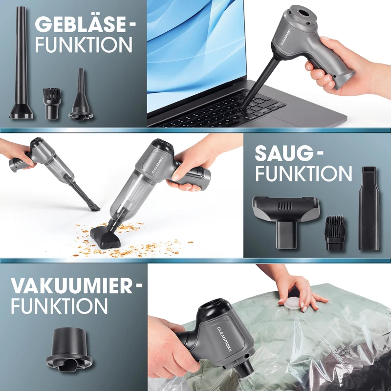 CLEANmaxx 3-in-1-Akkusauger - Saug-, Gebläse- & Vakuumierfunktion - 7 Aufsätze