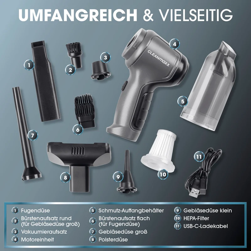 CLEANmaxx 3-in-1-Akkusauger - Saug-, Gebläse- & Vakuumierfunktion - 7 Aufsätze