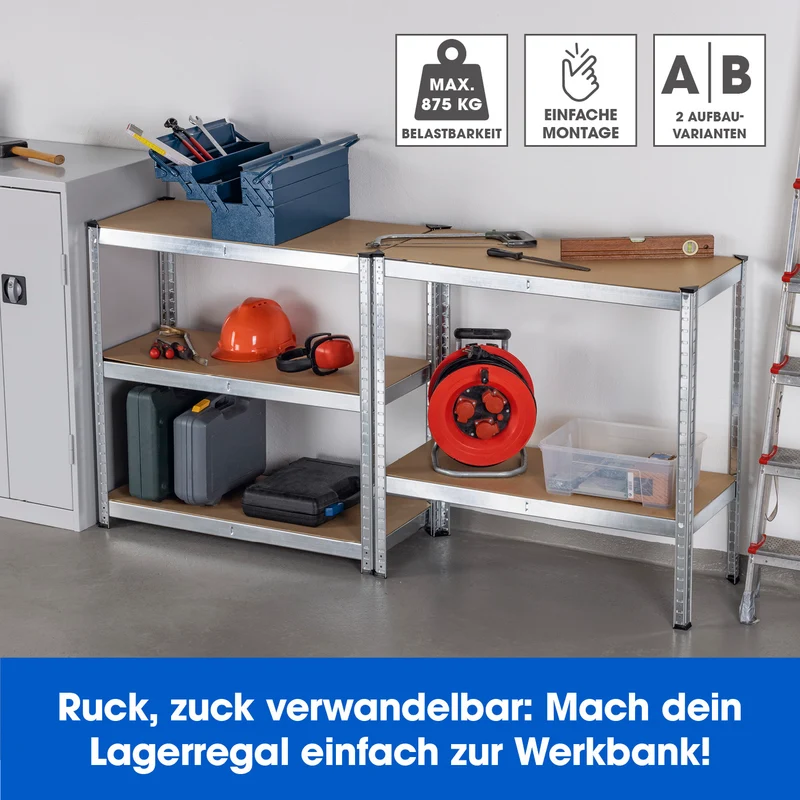 EASYmaxx 2 in 1 Schwerlastregal & Werkbank, 180 x 90 x 40 cm - 875 kg Traglast, 175 kg pro Ebene