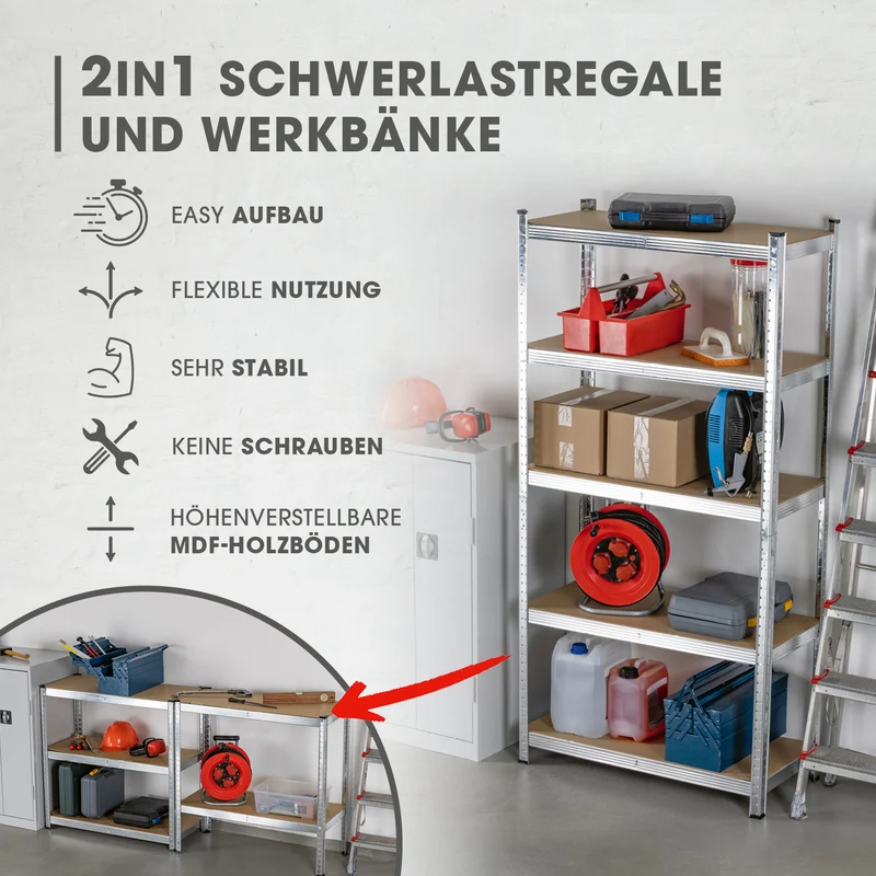 EASYmaxx 2 in 1 Schwerlastregal & Werkbank, 180 x 90 x 40 cm - 875 kg Traglast, 175 kg pro Ebene