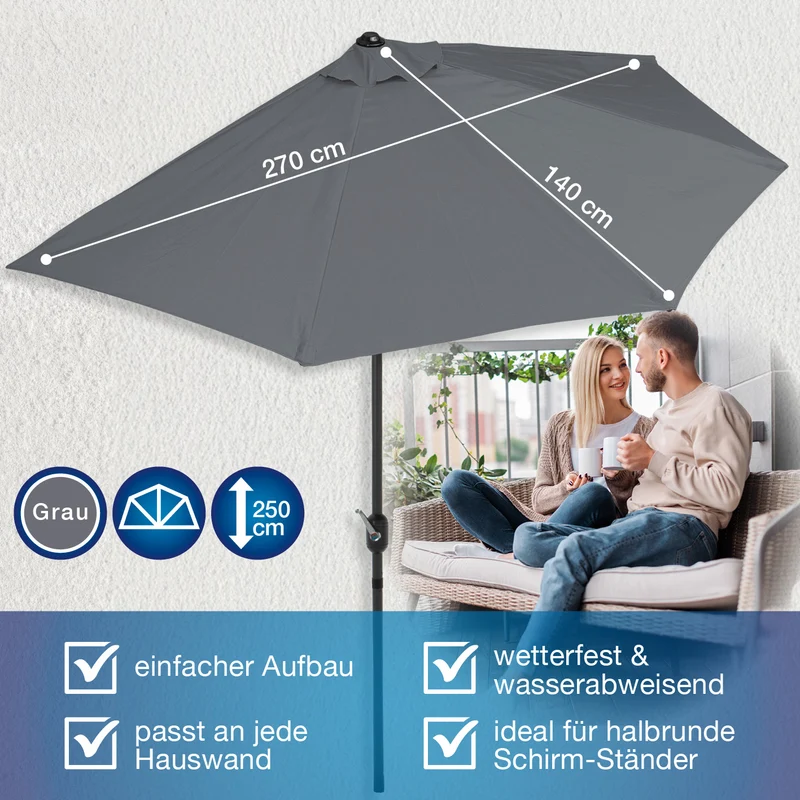 EASYmaxx Sonnenschirm mit UV-Schutz - halbrund 270x140 cm - grau