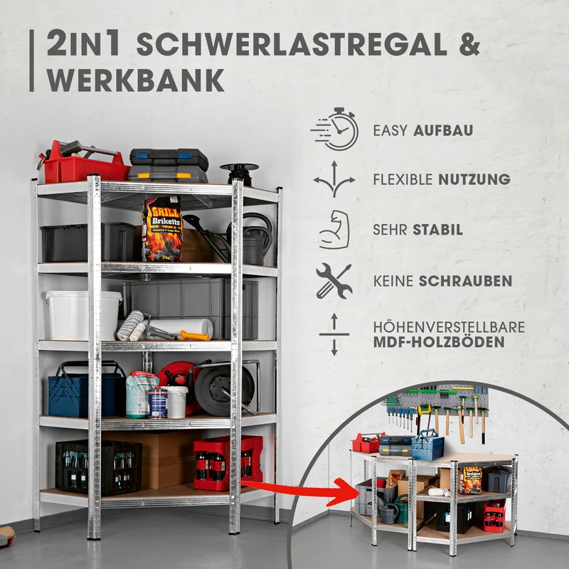 EASYmaxx Schwerlast-Eckregal & Werkbank - 180 x 90 x 40 cm - 875 kg Traglast, 175 kg pro Ebene