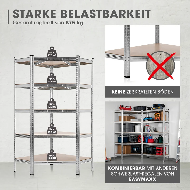 EASYmaxx Schwerlast-Eckregal & Werkbank - 180 x 90 x 40 cm - 875 kg Traglast, 175 kg pro Ebene