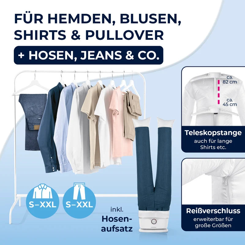 CLEANmaxx Hemdenbügler PRO mit Hosenaufsatz - trocknet & bügelt vollautomatisch - Weiß/Silber