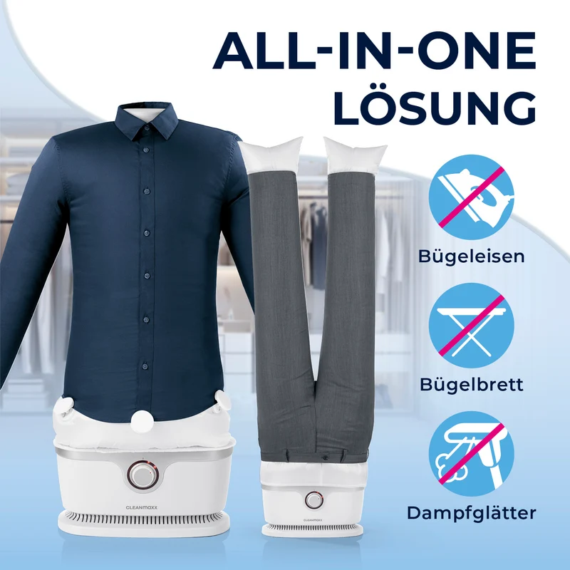 CLEANmaxx Hemdenbügler PRO mit Hosenaufsatz - trocknet & bügelt vollautomatisch - Weiß/Silber