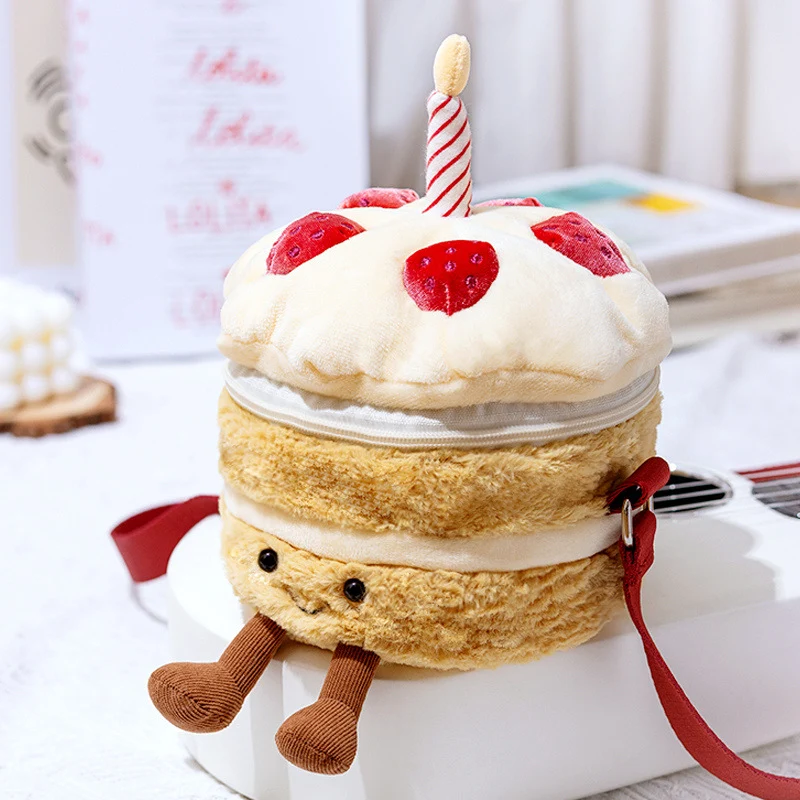 Plüsch Geschichteter Kuchen Umhängetasche mit Erdbeer-Applikationen & Kerzen-Topper Karnz