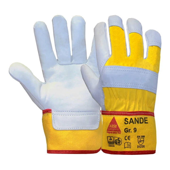B-Ware Hase Arbeitshandschuh Schutzhandschuh Rindnarbenleder Größe 7 Gelb 12 Paar