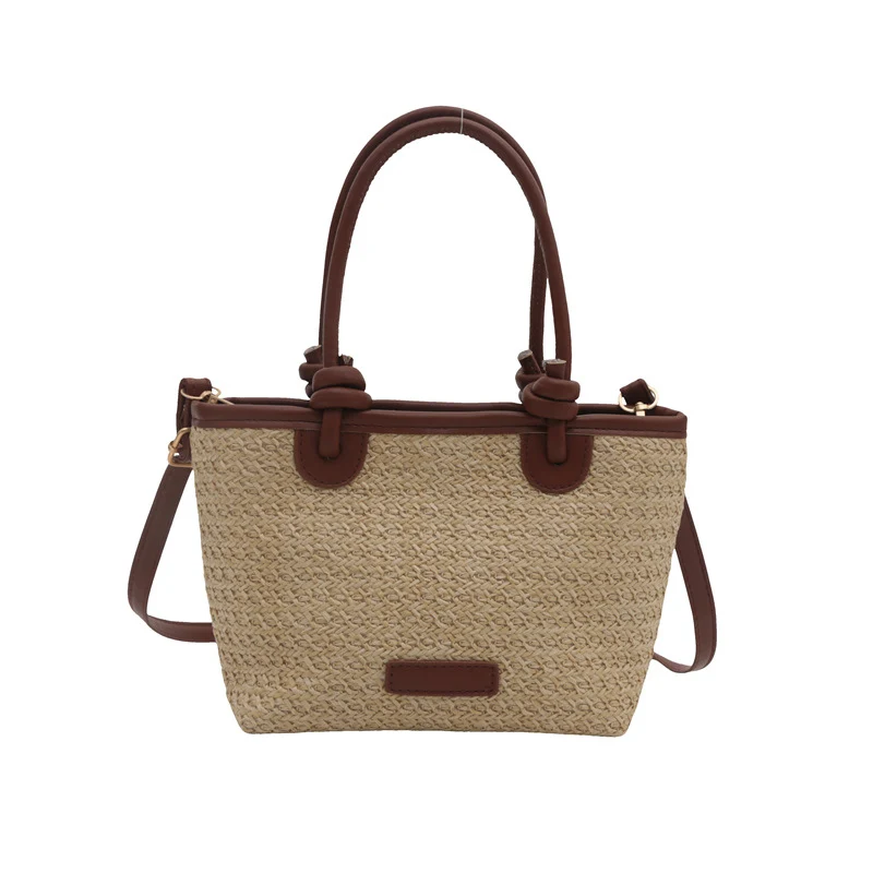 Woven Straw Tote-Handtasche mit Lederakzenten