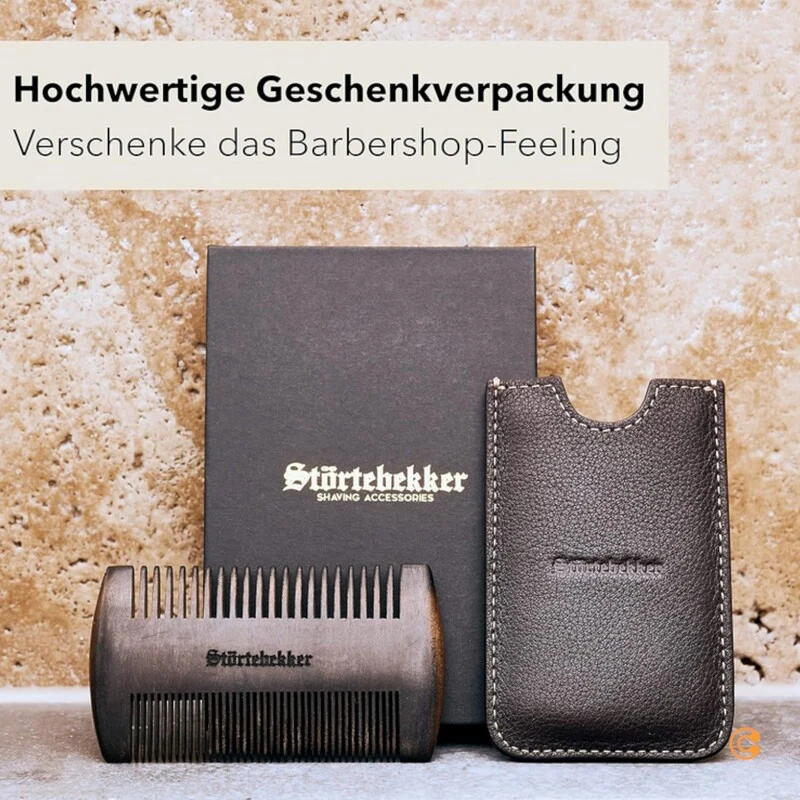 B-Ware Störtebekker Bartkamm Kamm Herrenkamm Sandelholz Leder-Etui zwei Zahnungen Br223