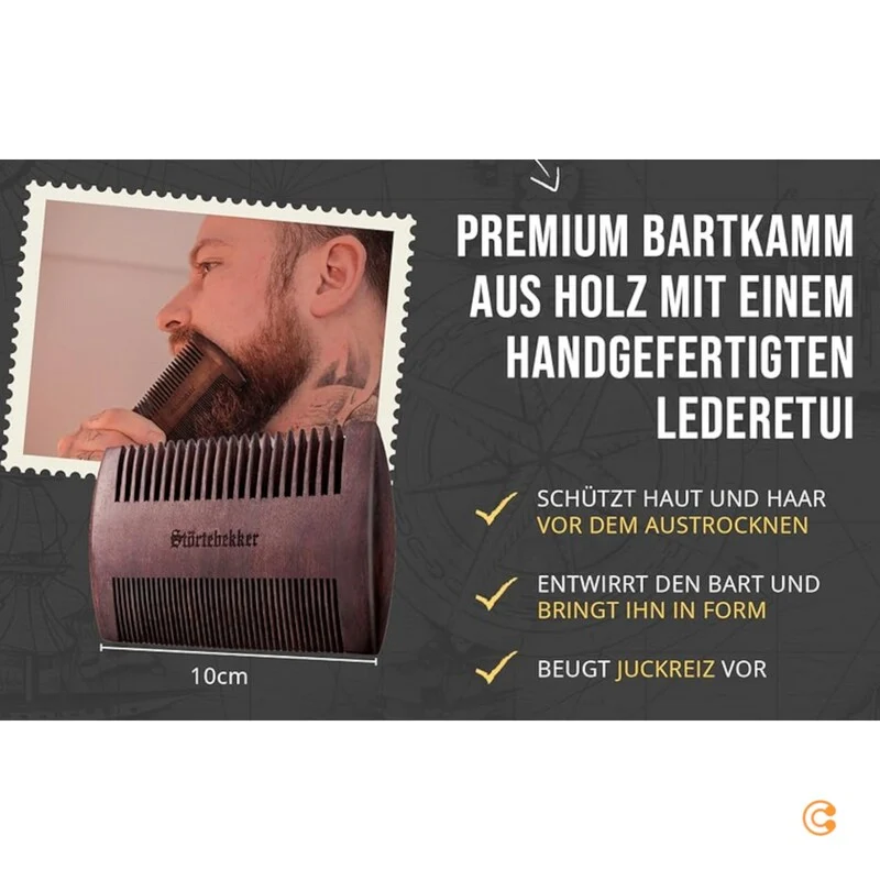 B-Ware Störtebekker Bartkamm Kamm Herrenkamm Sandelholz Leder-Etui zwei Zahnungen Br536